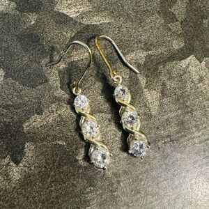 Sterling Silver SU 925 CA Cubic Zirconia Tear Drop Triple Stone Post Earrings